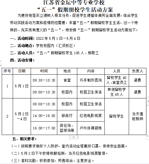 同心战疫封校不封爱，留校学生活动不打烊——金坛中专“五一”假期留校学生活动报道